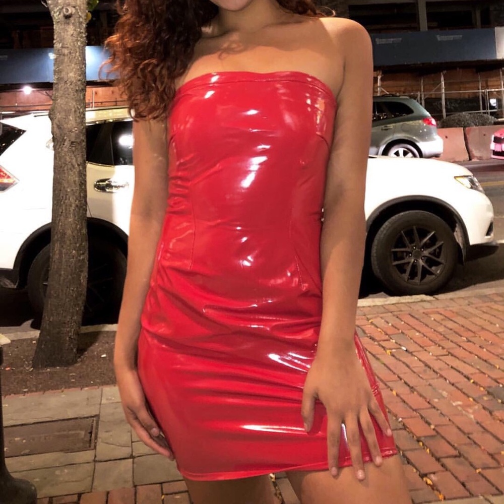 Red leather mini dress